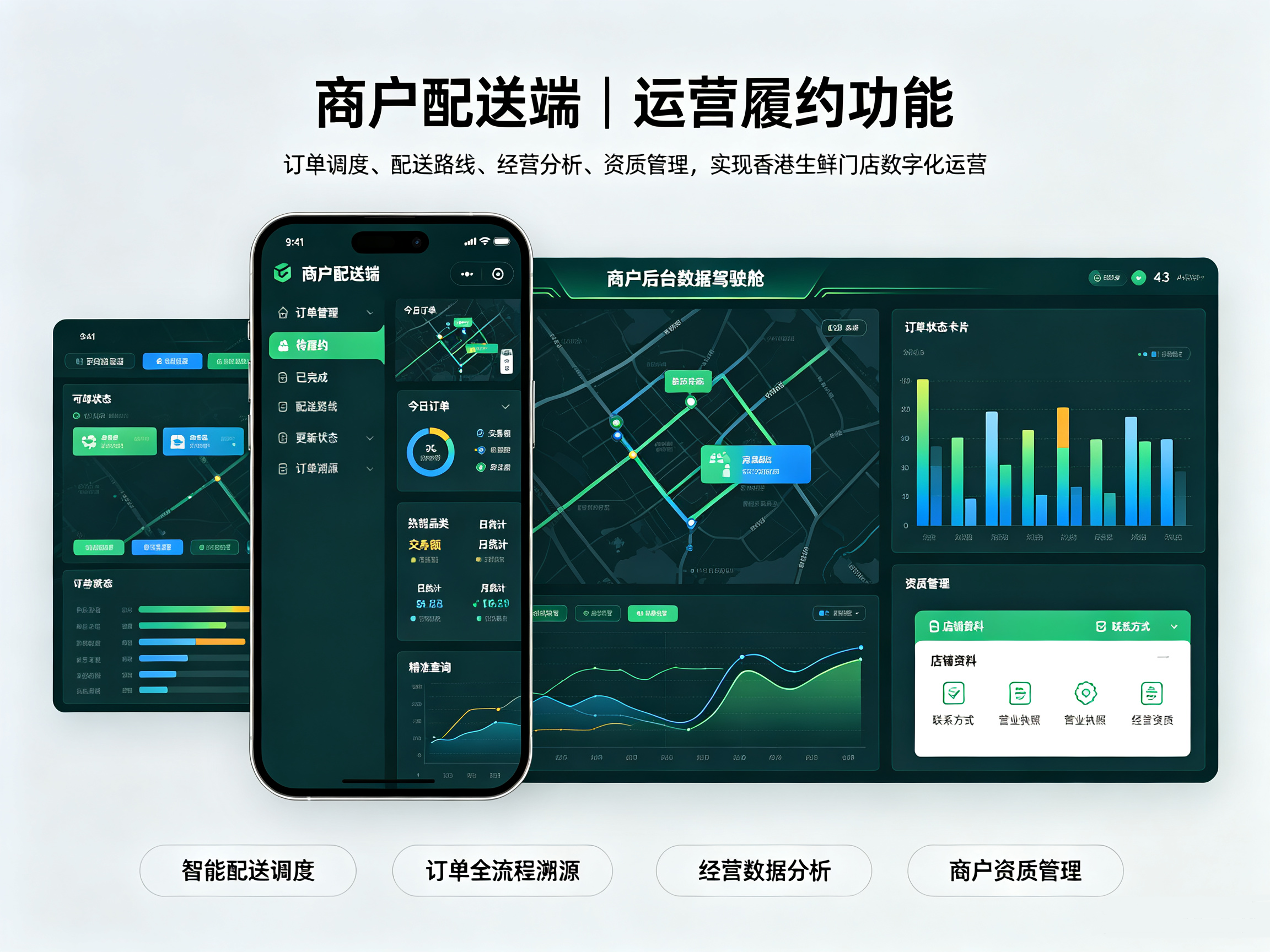 香港海外生鲜APP商户配送端,订单调度配送管理经营数据分析界面效果图