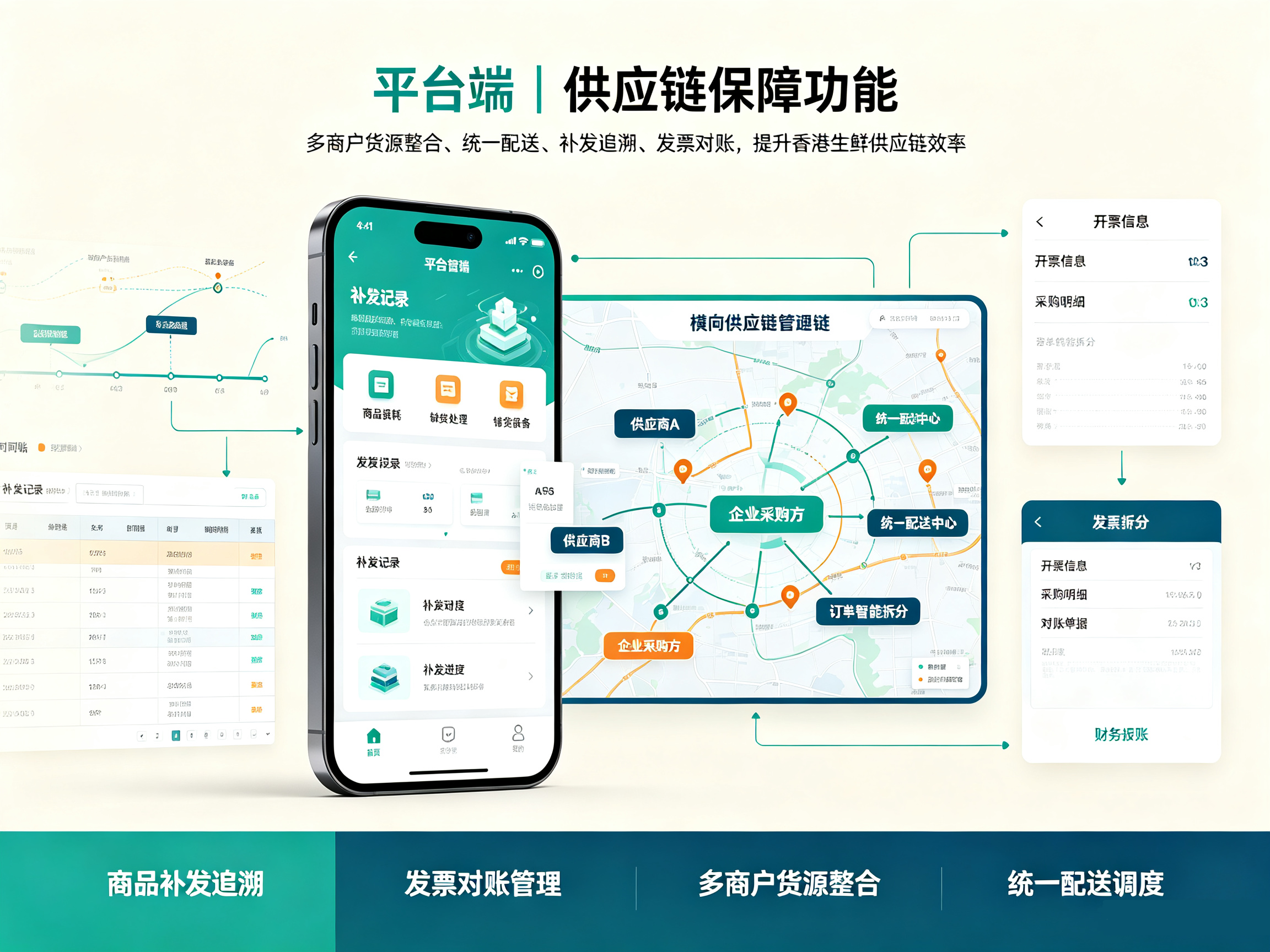 香港B端生鲜供应链平台端,多商户货源整合发票对账补发管理功能界面