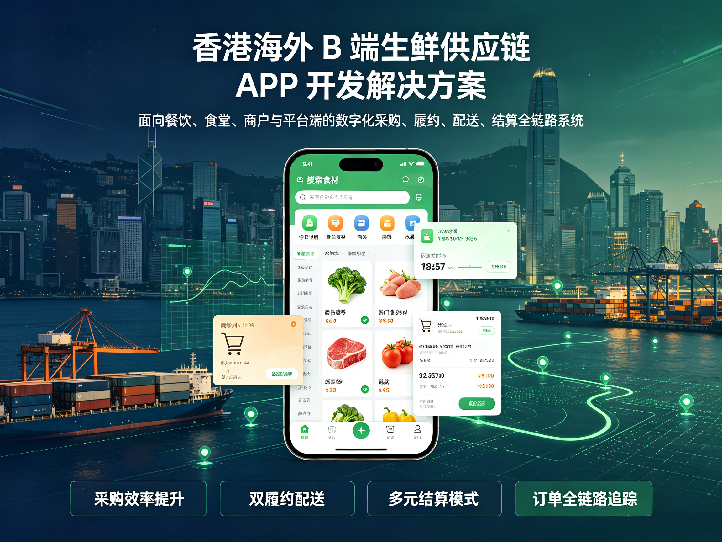 香港海外B端生鲜供应链APP开发解决方案,B端食材采购系统整体方案效果图