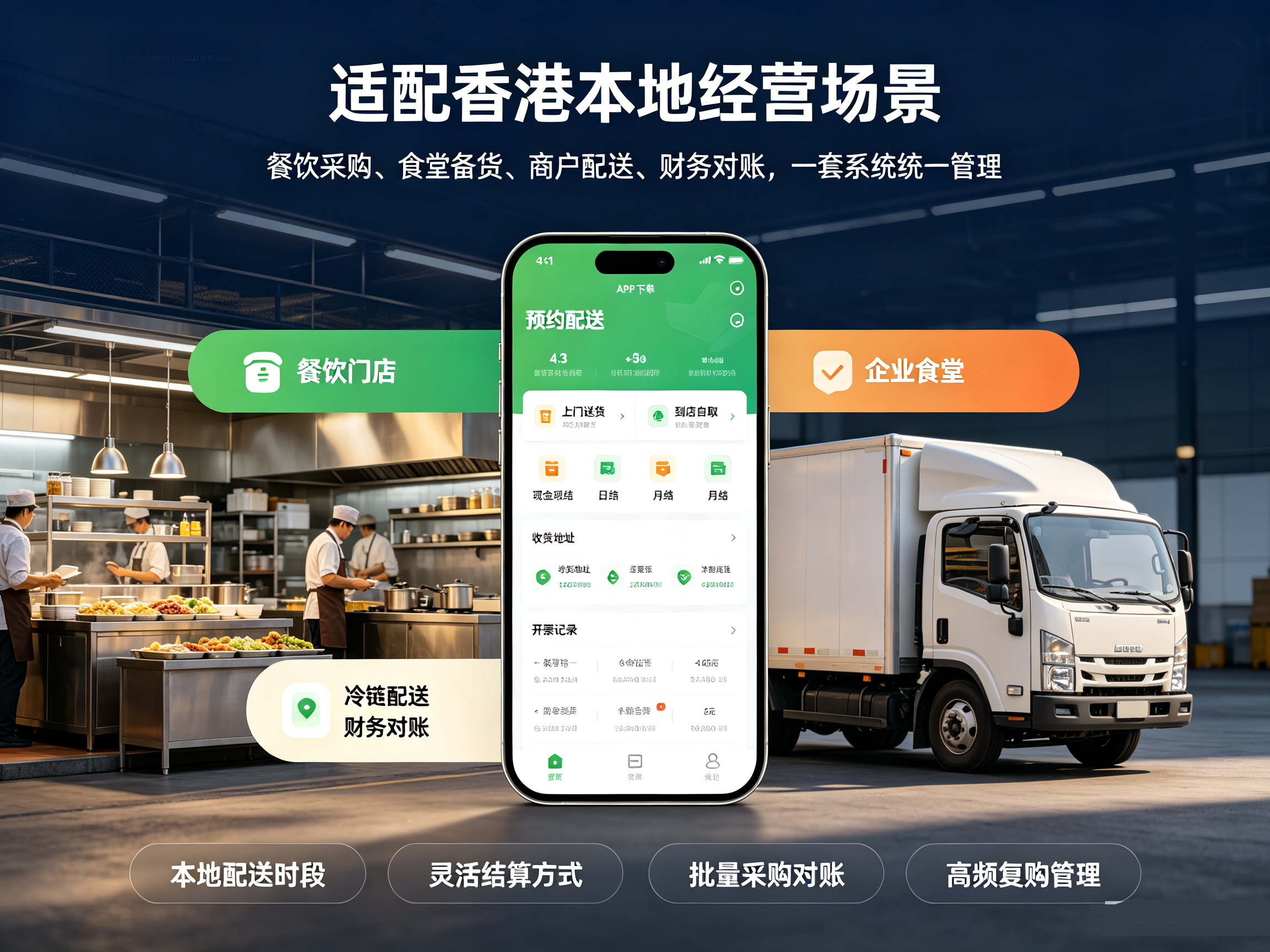 香港B端生鲜采购APP本地业务场景,餐饮食堂企业采购履约结算演示图
