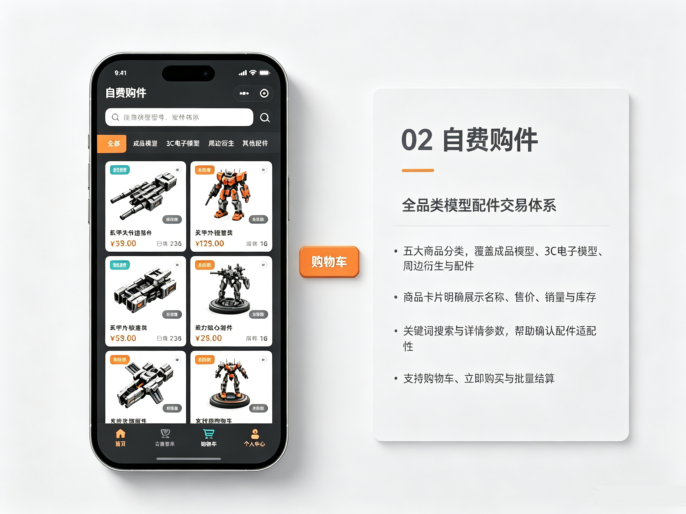 手办配件购件小程序商品列表及详情页,模型零配件选购下单交易界面