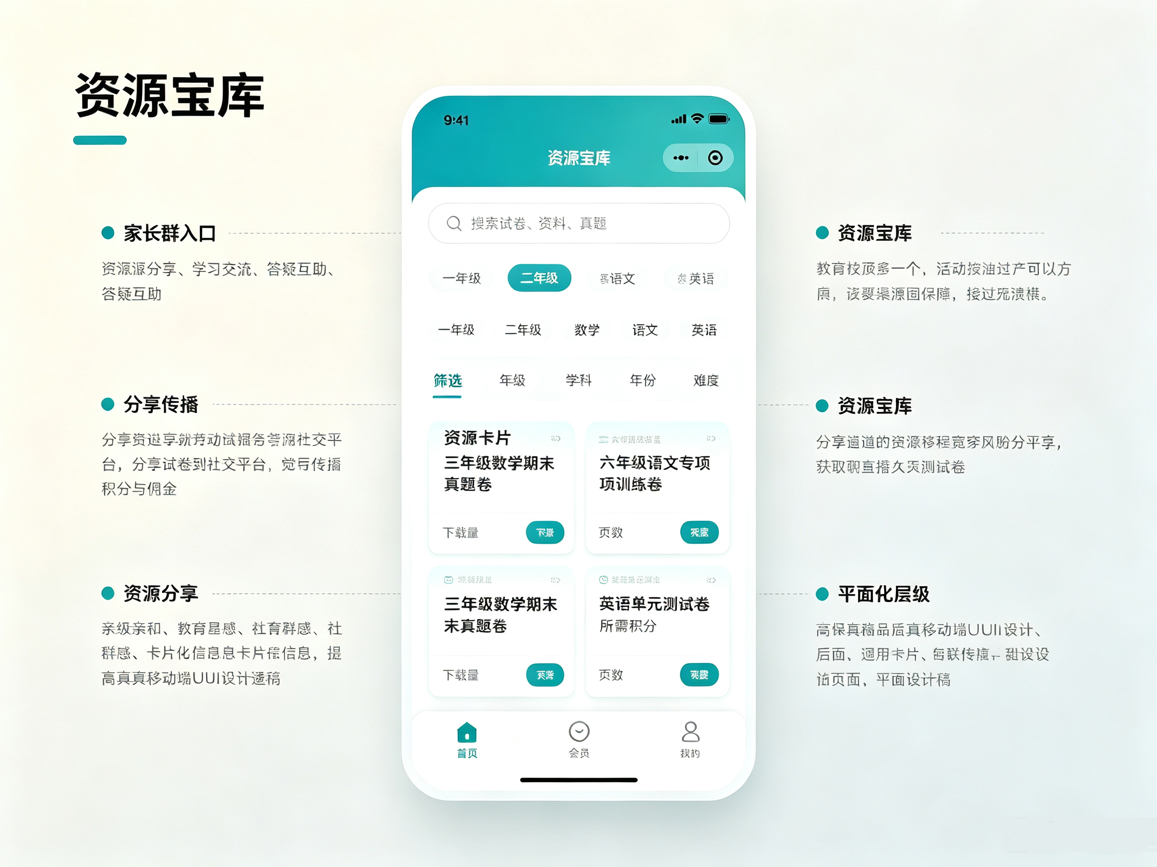 教育试卷资源小程序资源检索展示页面,多维度筛选,智能搜索试卷,预览试题查看下载量积分信息