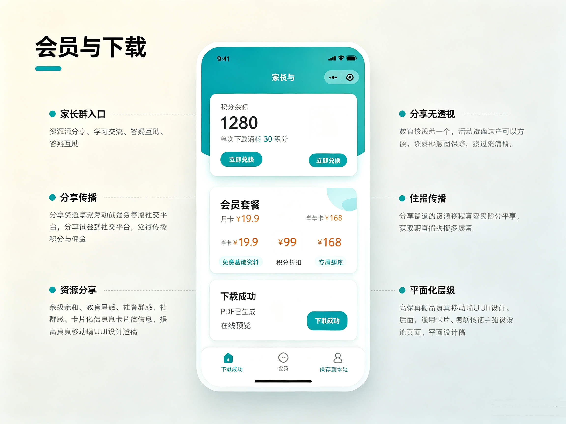 搭建积分兑换、多档位会员订阅模式,用户付费后可获取 PDF 试卷下载权限,适配不同用户资料获取需求