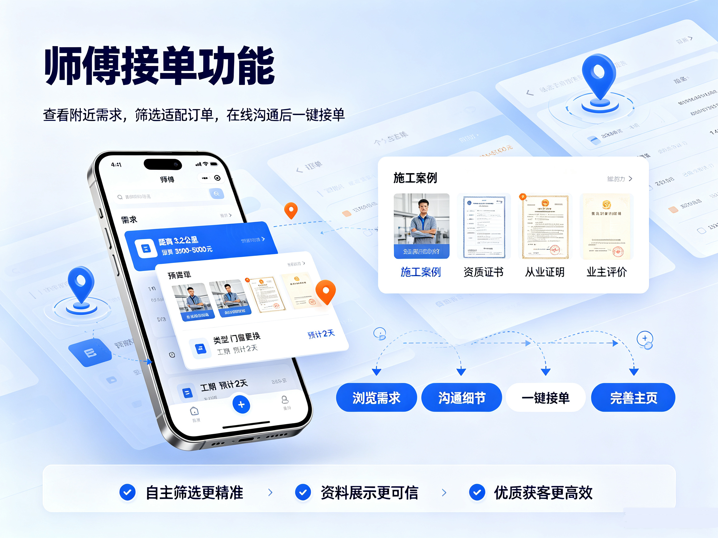 门窗维修小程序师傅接单模块界面,师傅筛选订单、展示资质案例,线上对接业主需求