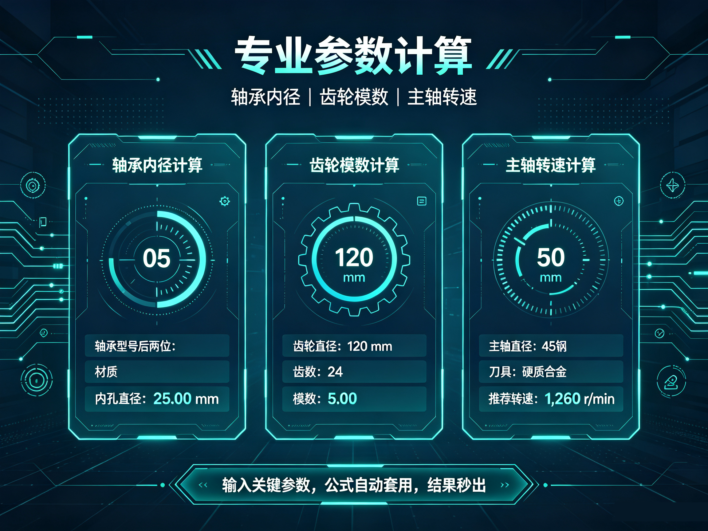 机械专业参数计算小程序截图,轴承内径齿轮模数主轴转速计算,输入参数自动运算输出结果 UI 界面