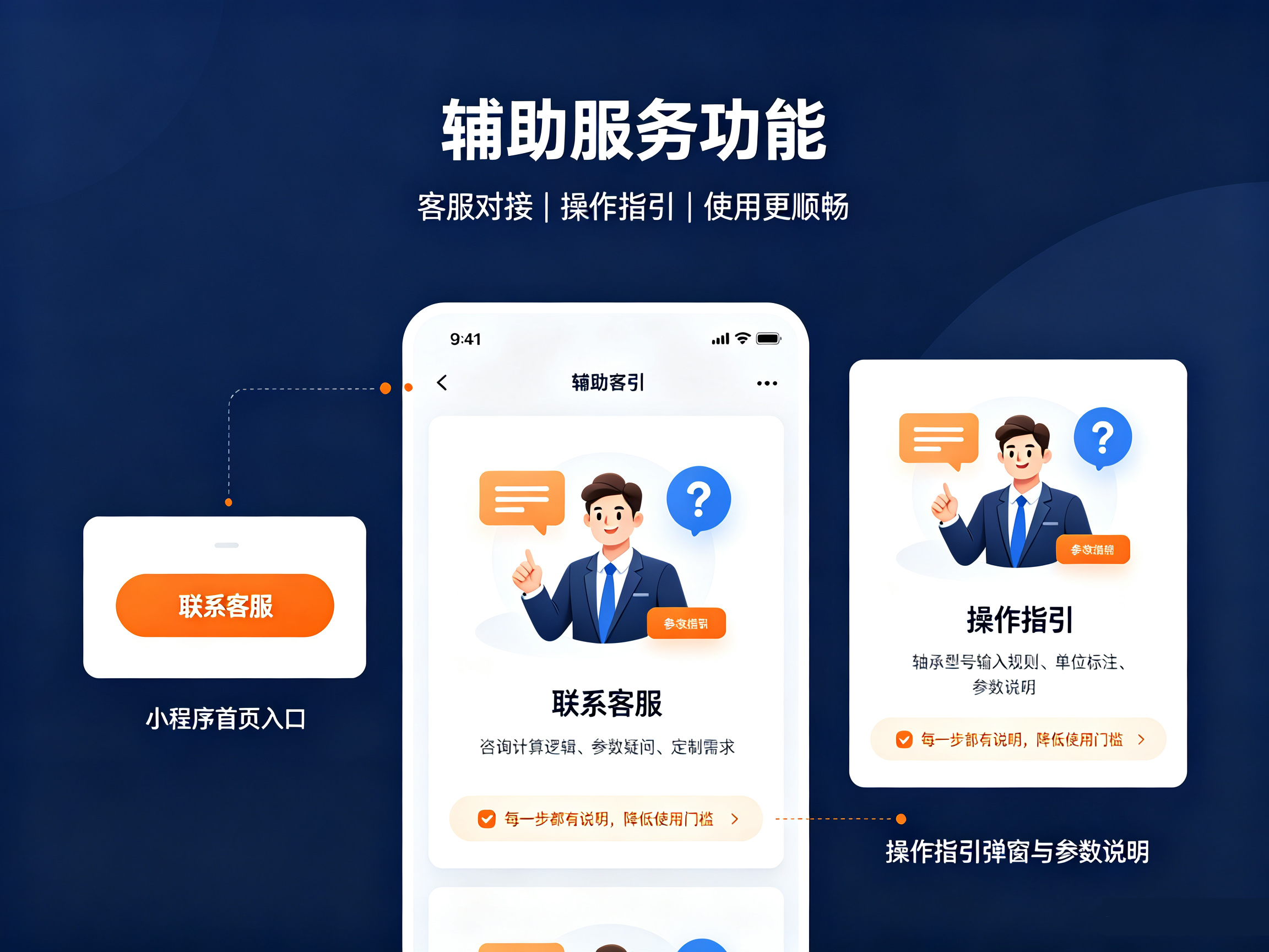 机械计算工具小程序辅助服务功能图,客服对接入口、操作指引参数提示说明,移动端小程序界面展示