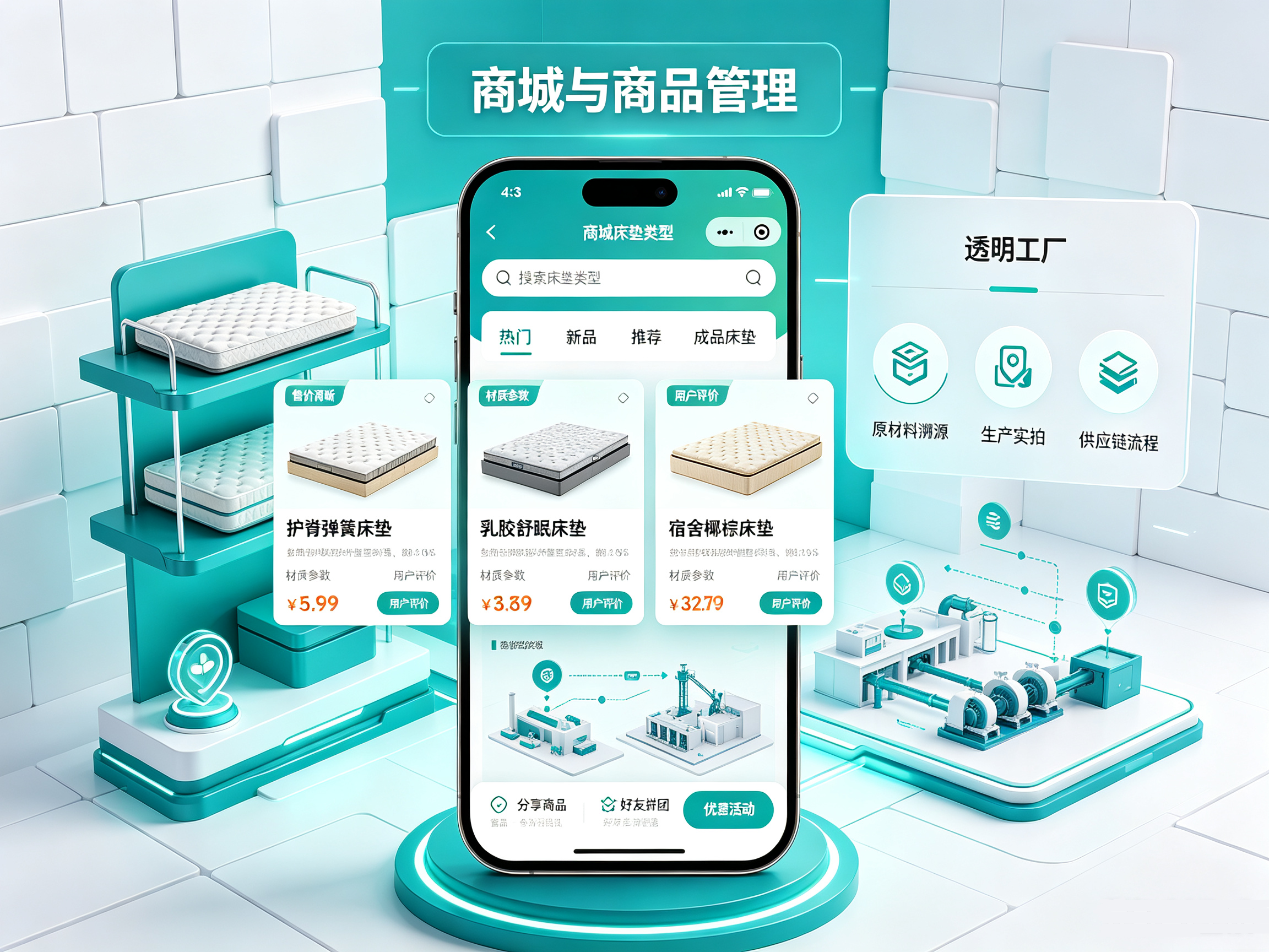 床垫商城商品管理小程序详情页,成品床垫选购,原材料溯源工厂实拍,支持拼团下单商品评价分享