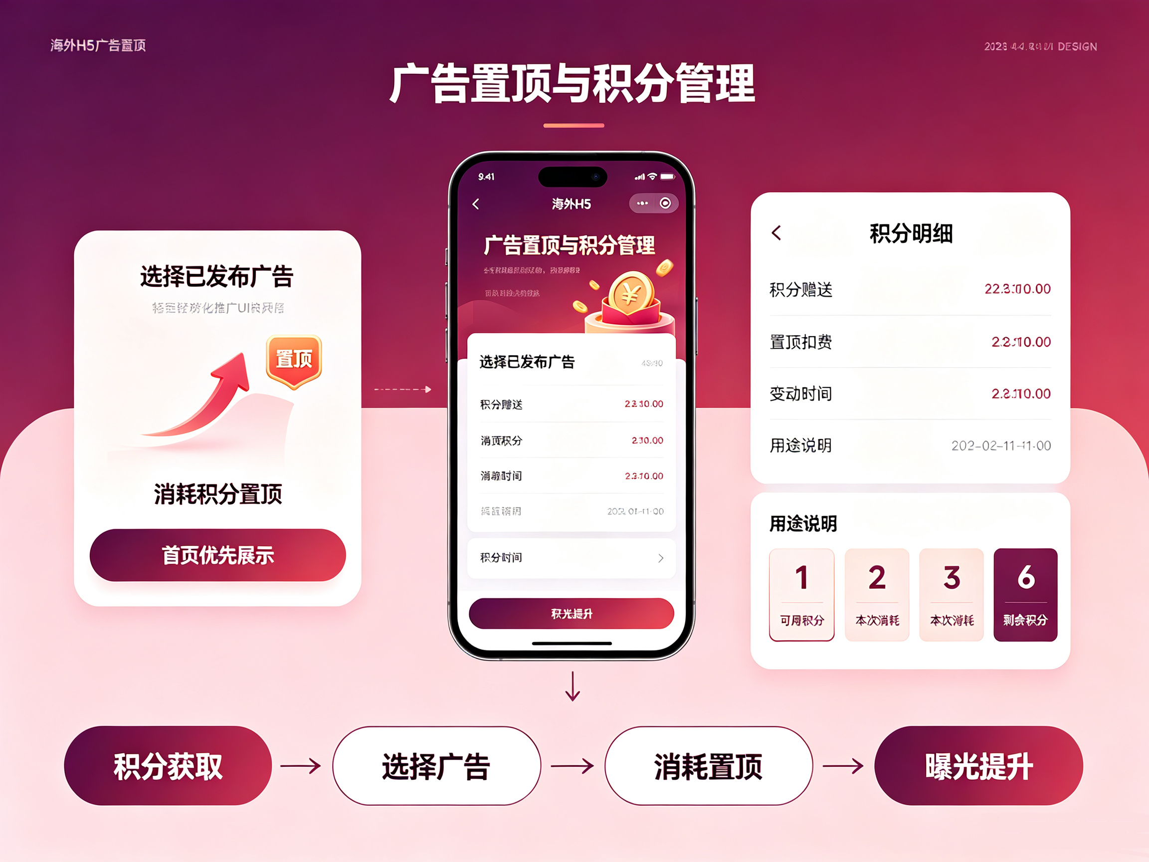 海外广告 H5 置顶与积分管理页面,广告置顶曝光推广,积分收支明细精细化管理运营体系