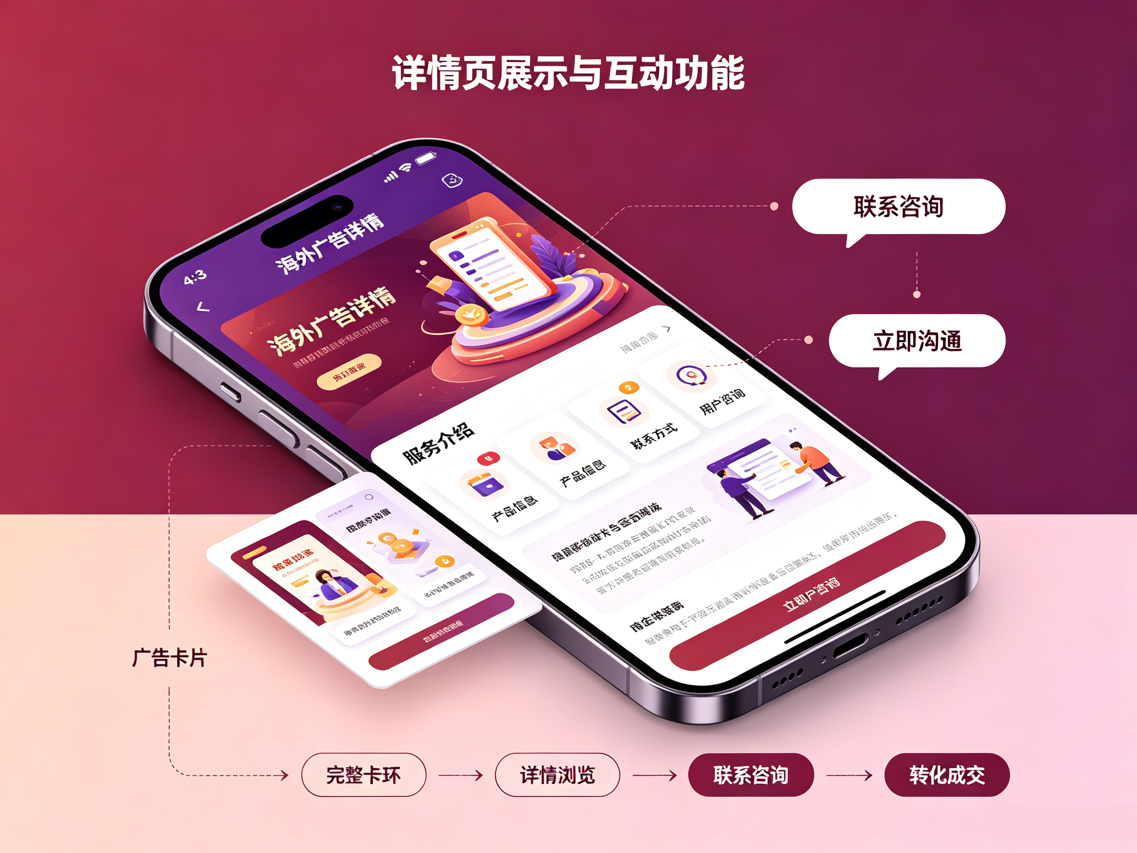 海外 H5 广告详情页与互动功能,全方位图文广告展示,内置咨询入口,打通海外推广转化闭环