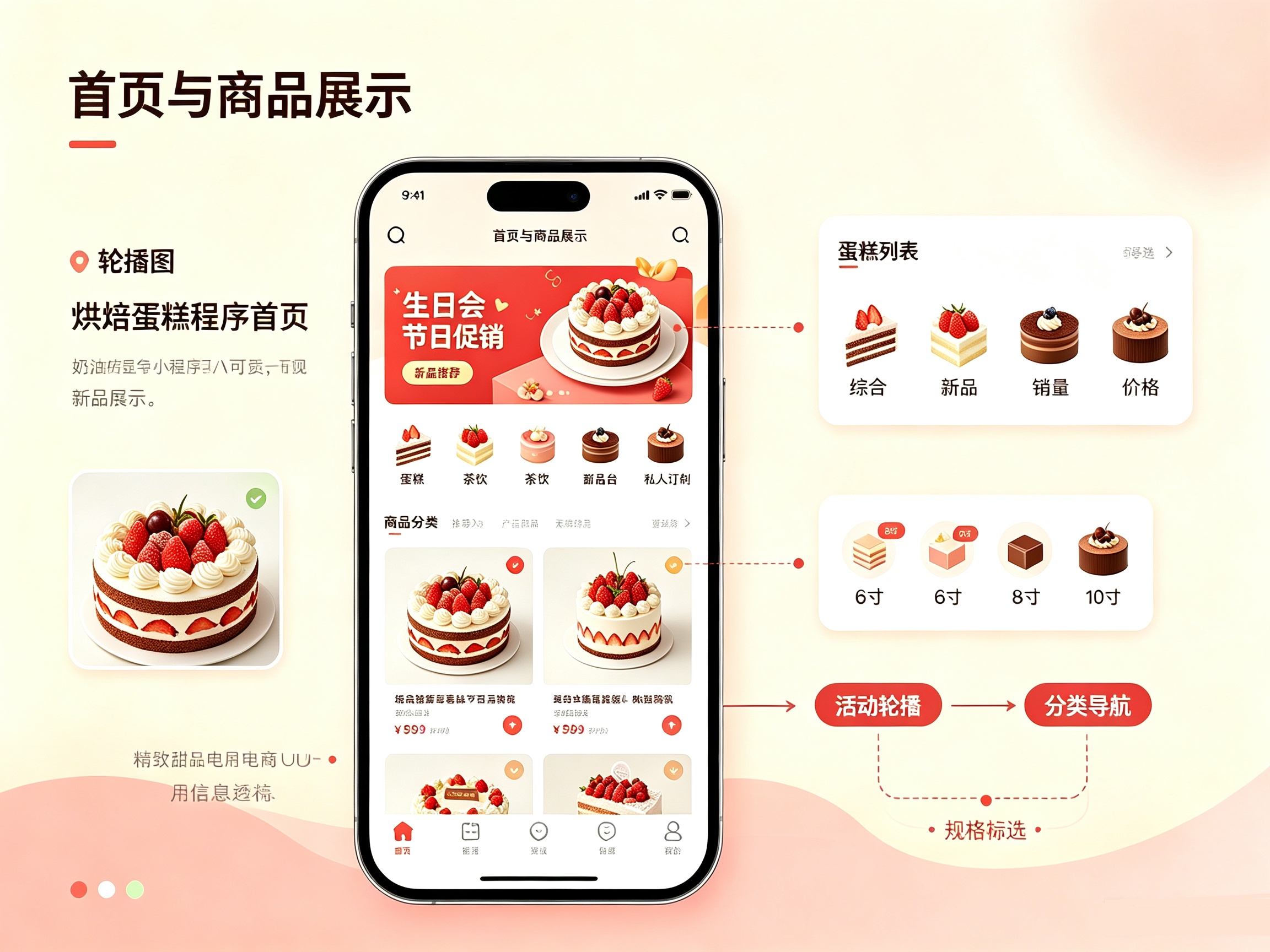 烘焙蛋糕小程序首页界面,轮播活动海报、蛋糕茶饮甜品分类、商品推荐、规格筛选列表展示