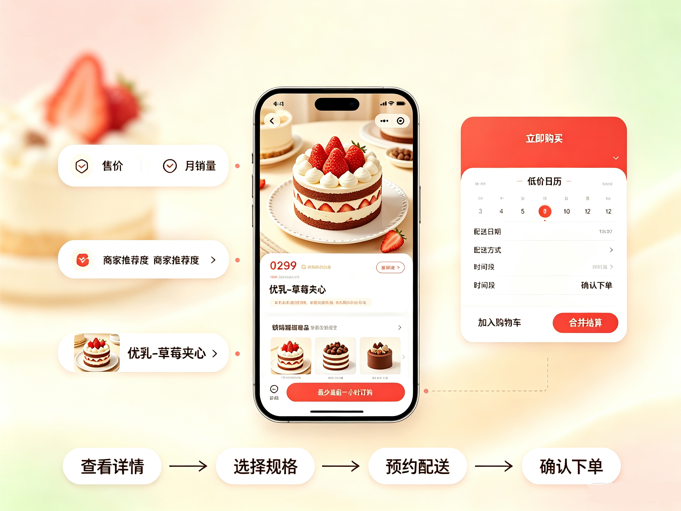 蛋糕甜品商品详情下单页面,展示口味规格卖点,低价日历预约配送,在线购买加入购物车功能