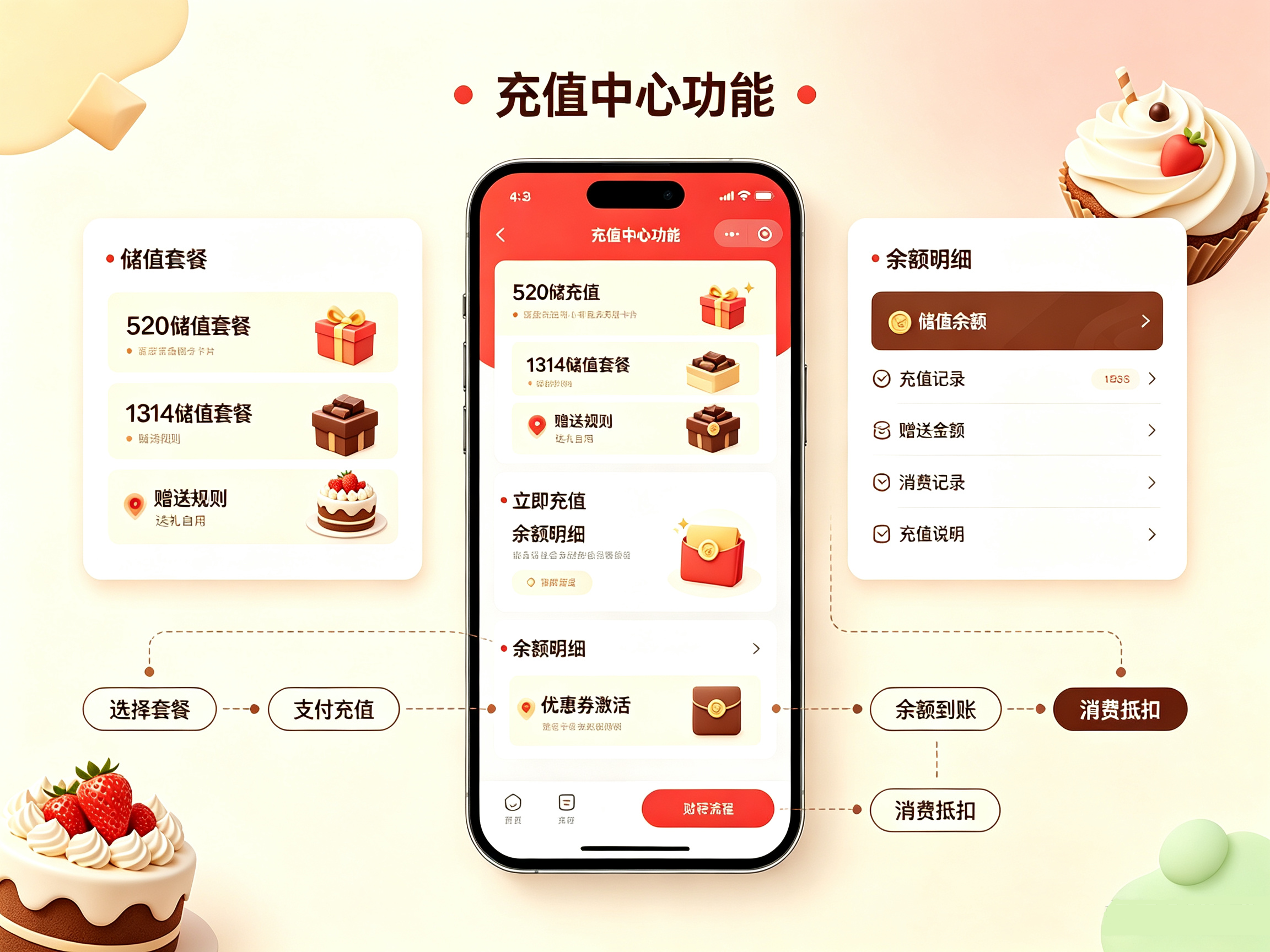 烘焙小程序充值中心界面,定制送礼储值套餐、充值赠送规则、账户余额收支明细管理