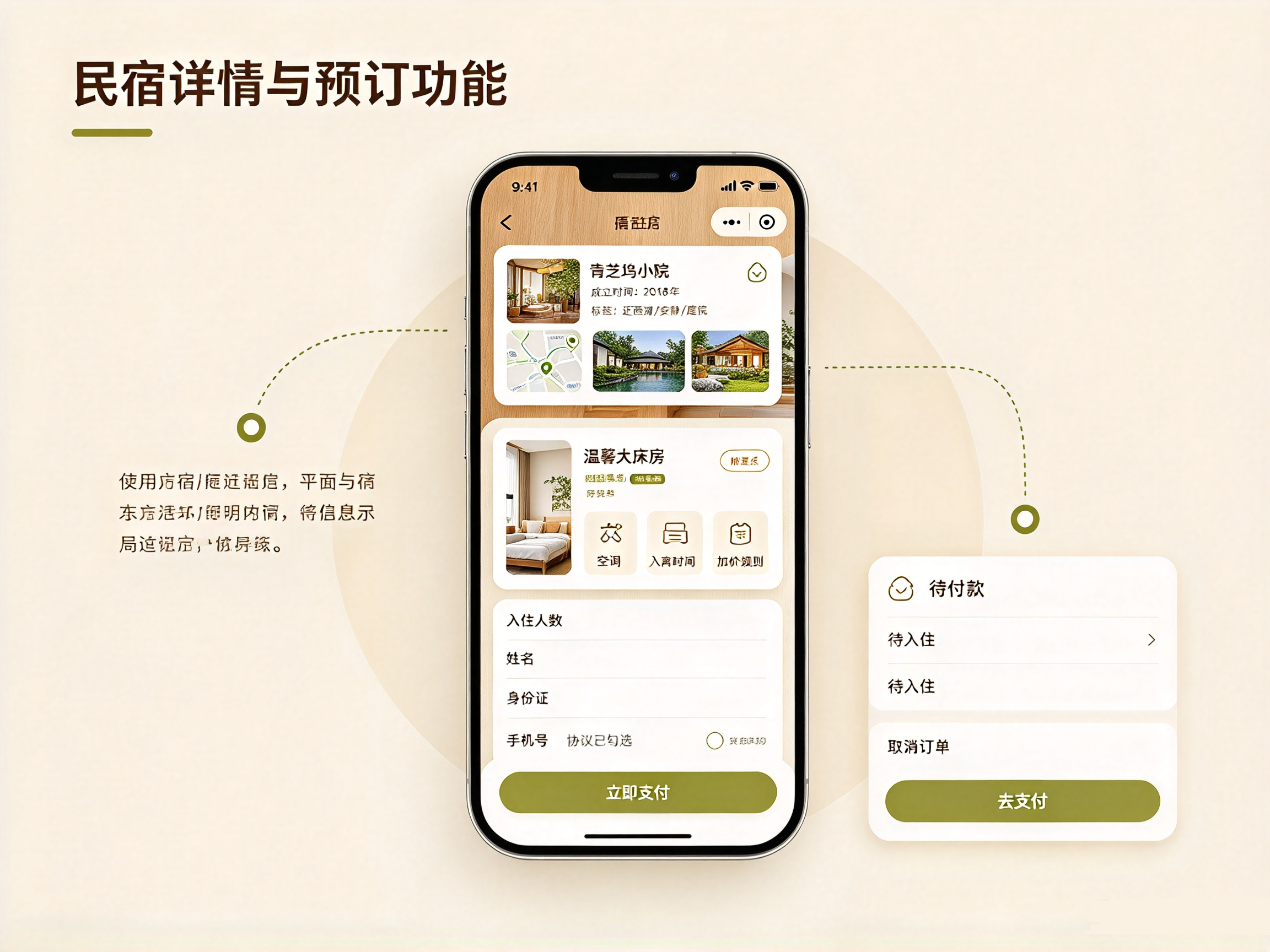 民宿预订小程序详情下单界面,查看房型信息,在线预订管理订单