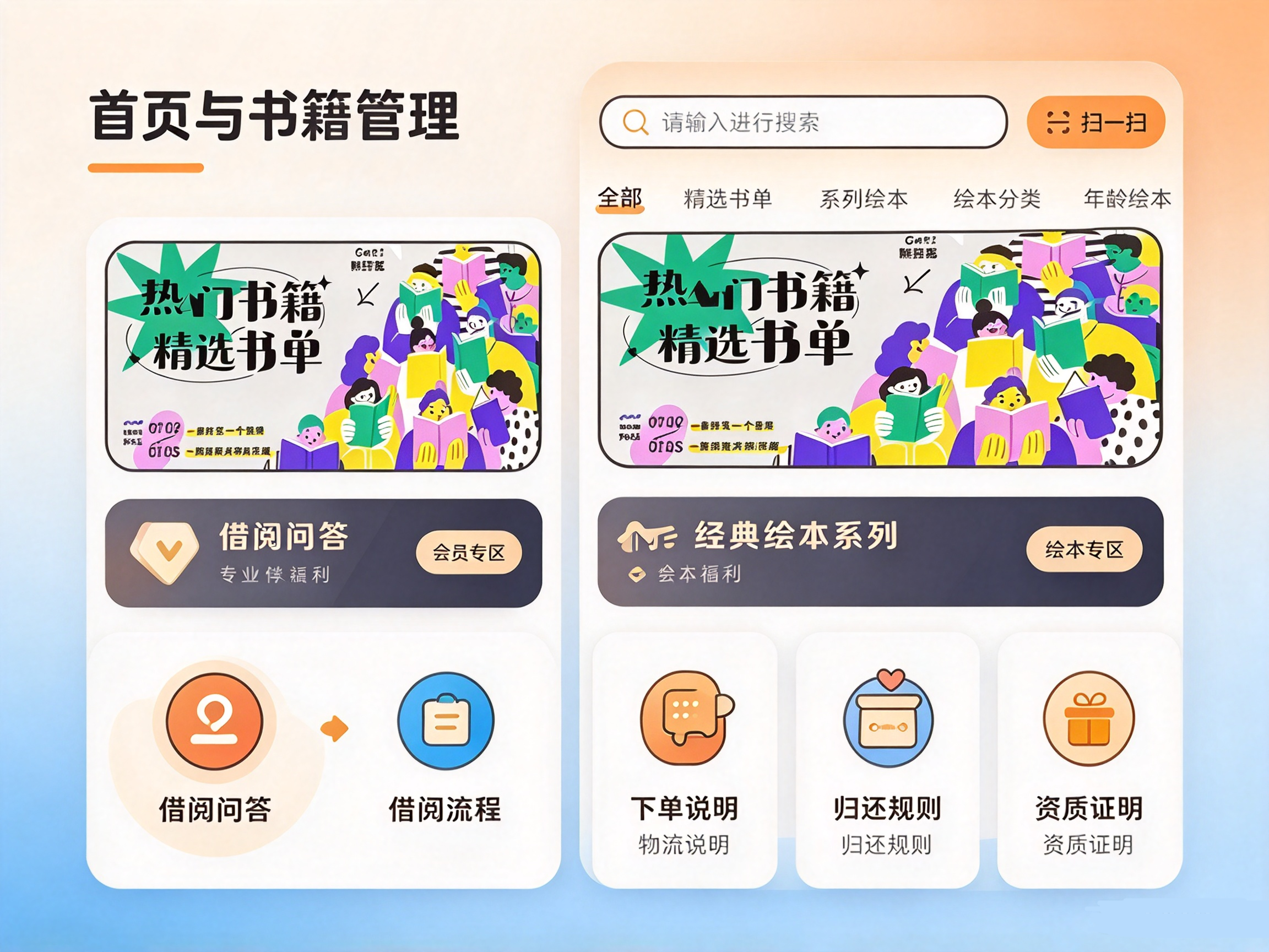 图书借阅小程序首页界面,搜索扫码功能,绘本分类筛选,热门书籍、借阅问答与打卡活动 UI 效果图